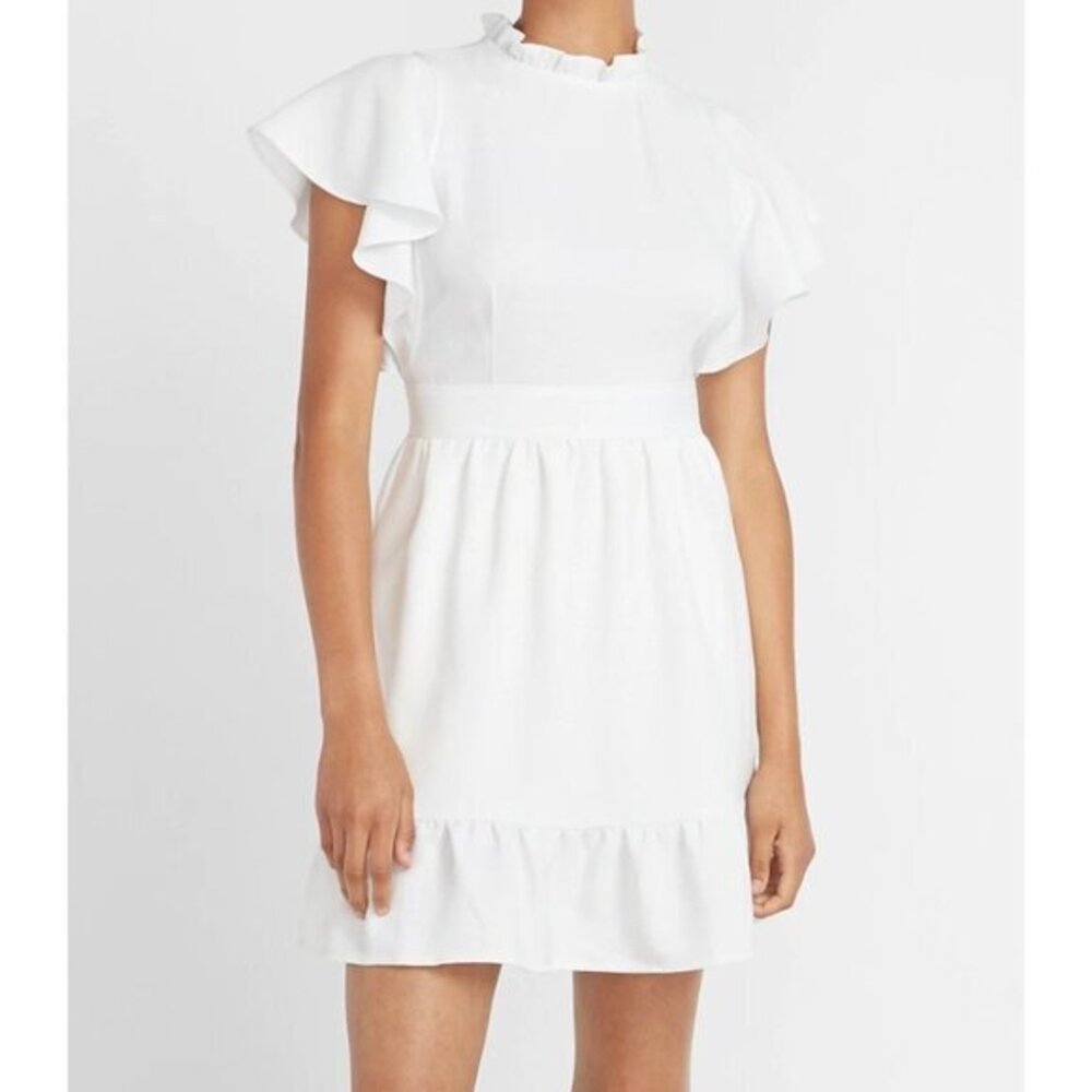 Express X Lady gang Dress White Women’s‎ Size 6 Fit And Flare Ruffle Sleeves Hem